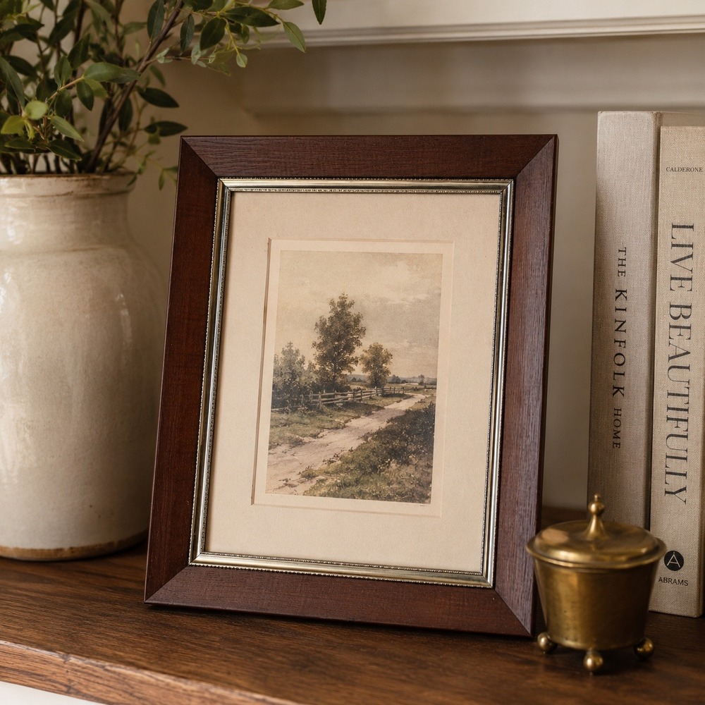 Vintage Wood Picture Frame Brass Trim Tabletop Frame Neutral Traditional Decor